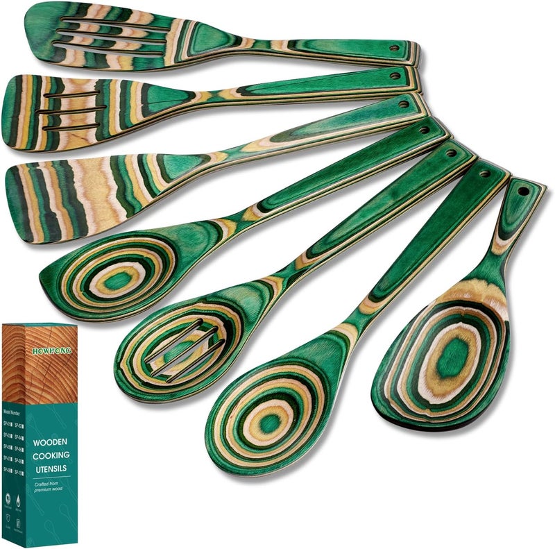 HOWHONG Wooden Spoons for Cooking, Pakkawood Kitchen Utensil Set Oasis Color, Premium Durable Wooden Utensils for Nonstick Cookware, Heat Resistant, Smooth Finish, Comfortable Grip, 7 Piece - Image 1